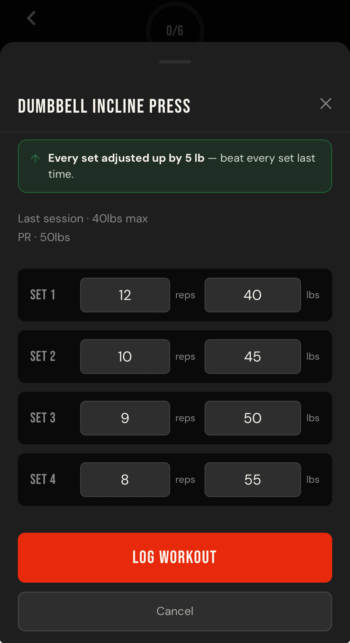 Dynamic Coaching callout shown while logging Dumbbell Incline Press