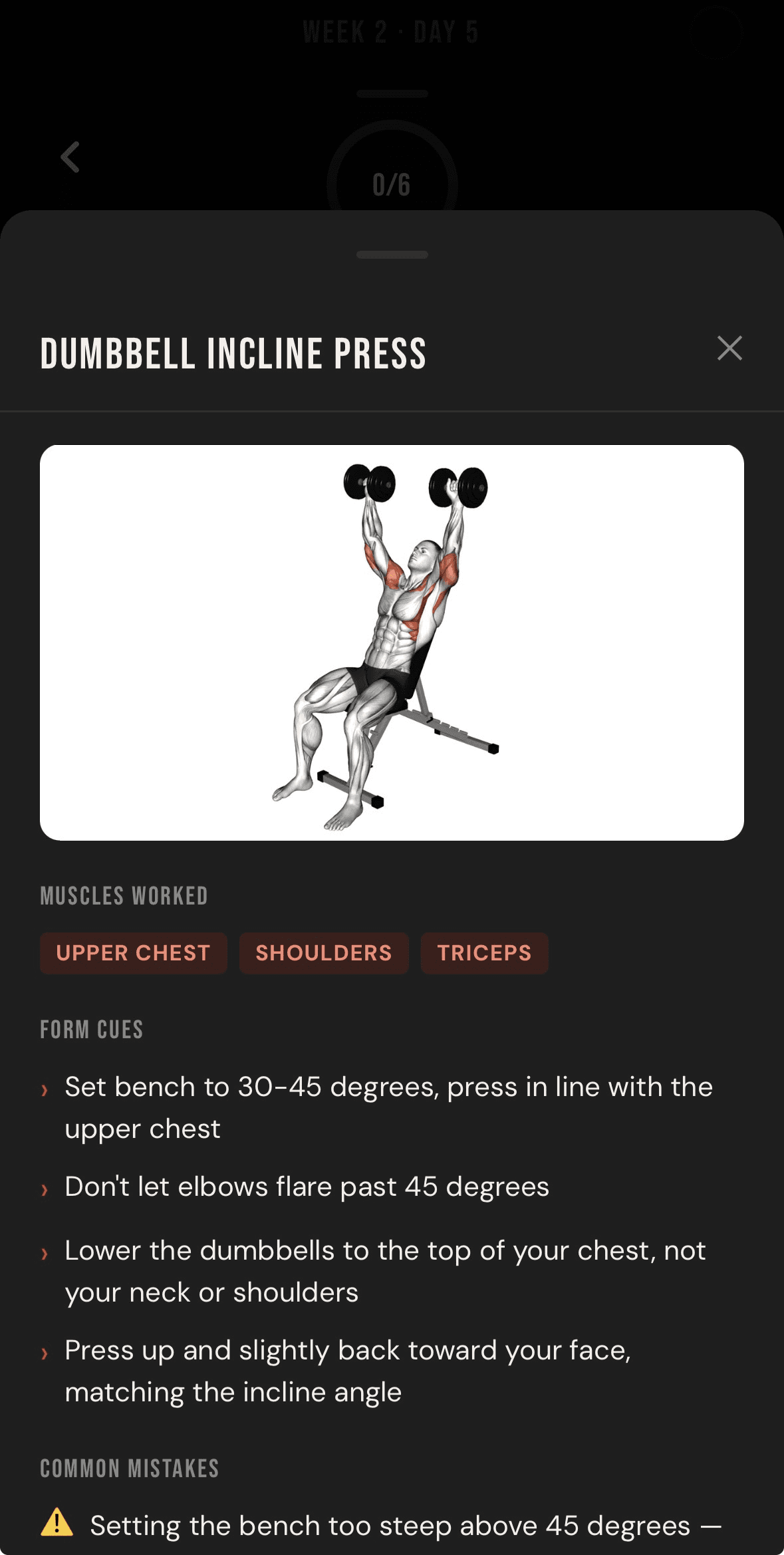 Dumbbell Incline Press detail with muscles worked, form cues, and common mistakes