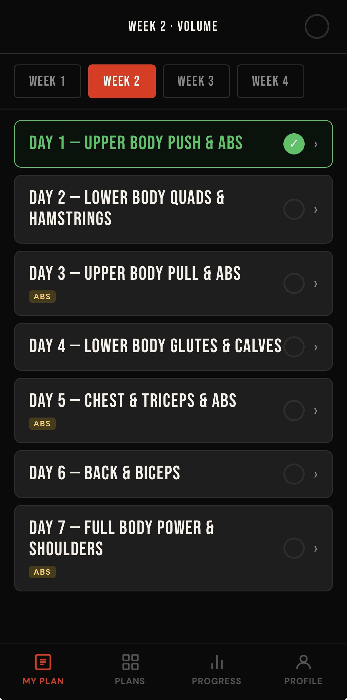 YojaLift My Plan week view with Day 1 completed and the rest of the week ahead