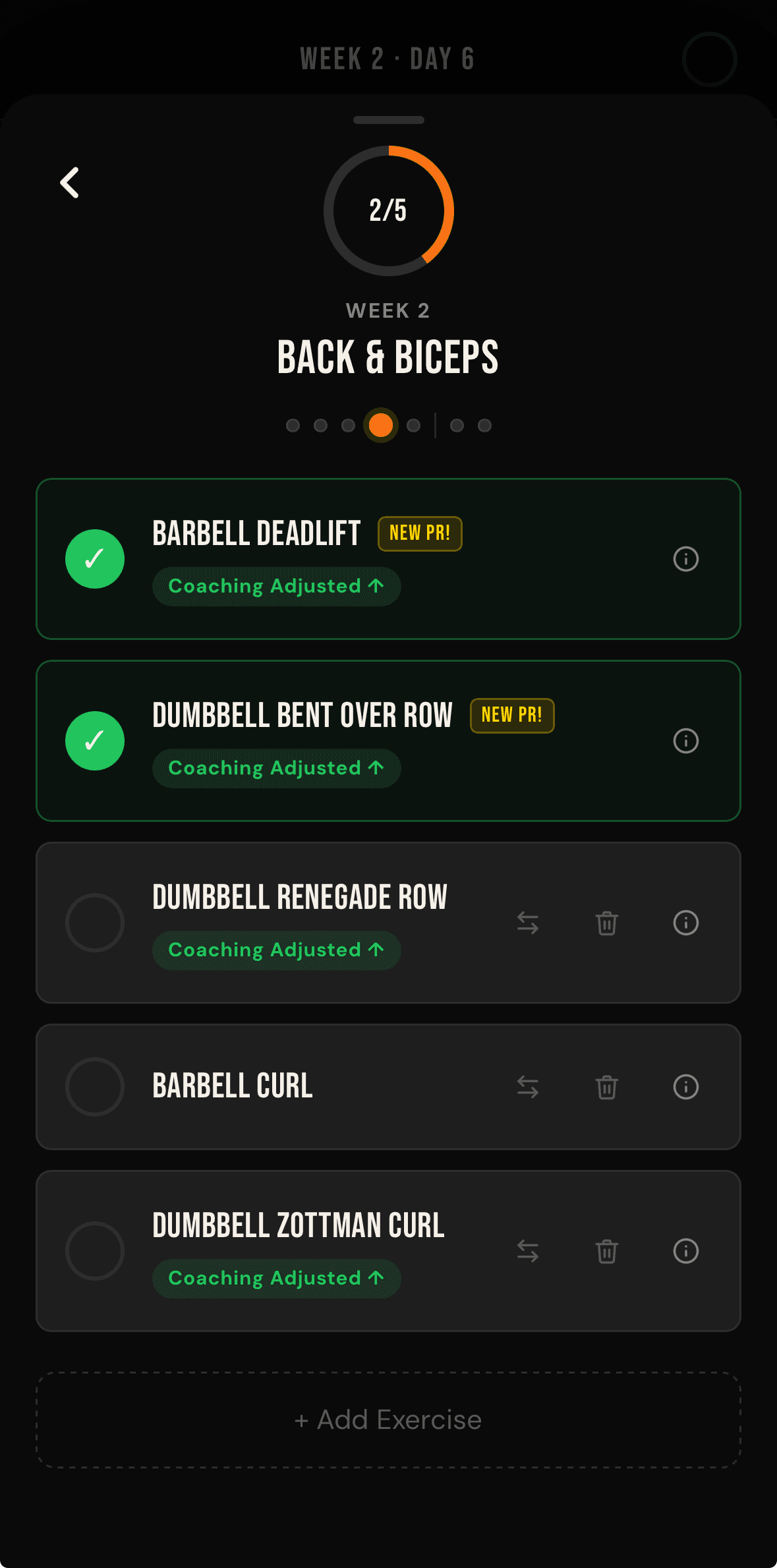 YojaLift day view with a coaching-adjusted exercise and a new PR