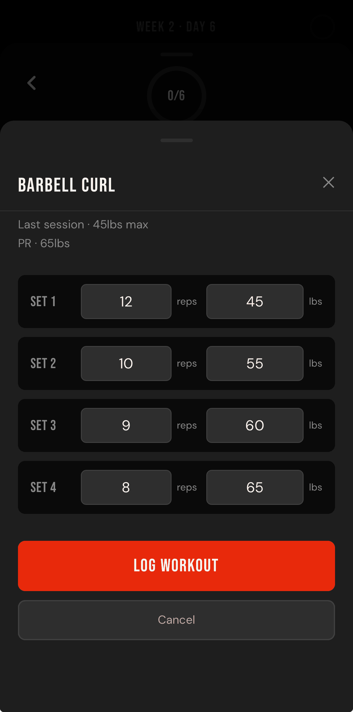 Barbell Curl pyramid set structure with last session and PR